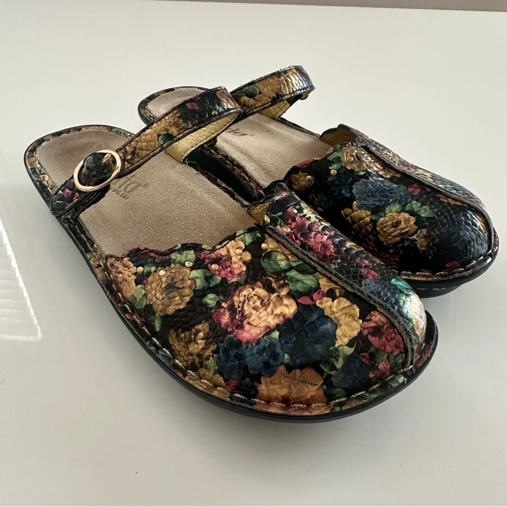 Alegria Tuscany Gold Floral Leather Mules Mary Jane Slip On Shoes 38 US 8/8.5 - Picture 1 of 8